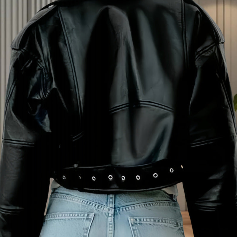 Damen modische Kunstlederjacke im Biker-Stil mit strukturiertem Design EB