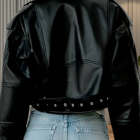 Damen modische Kunstlederjacke im Biker-Stil mit strukturiertem Design EB
