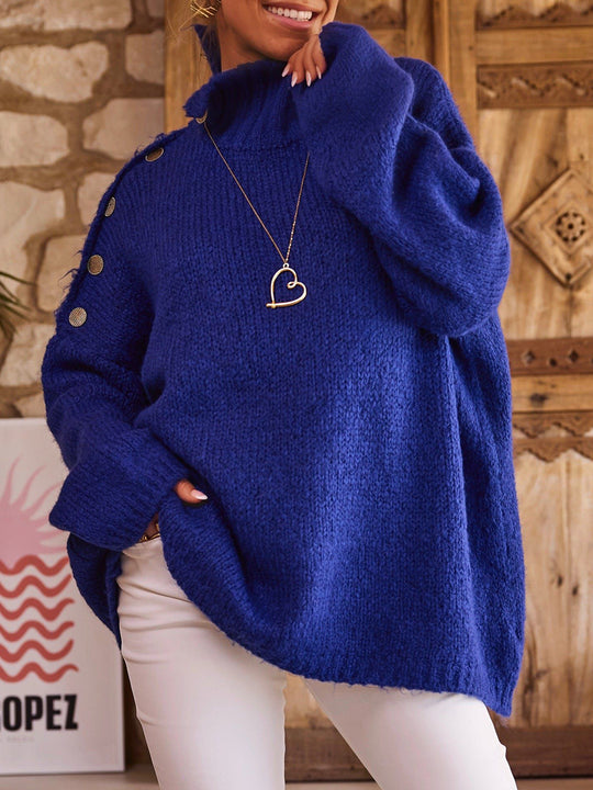 Damen Grobstrickpullover mit hohem Kragen und modischen Knopfdetails EB