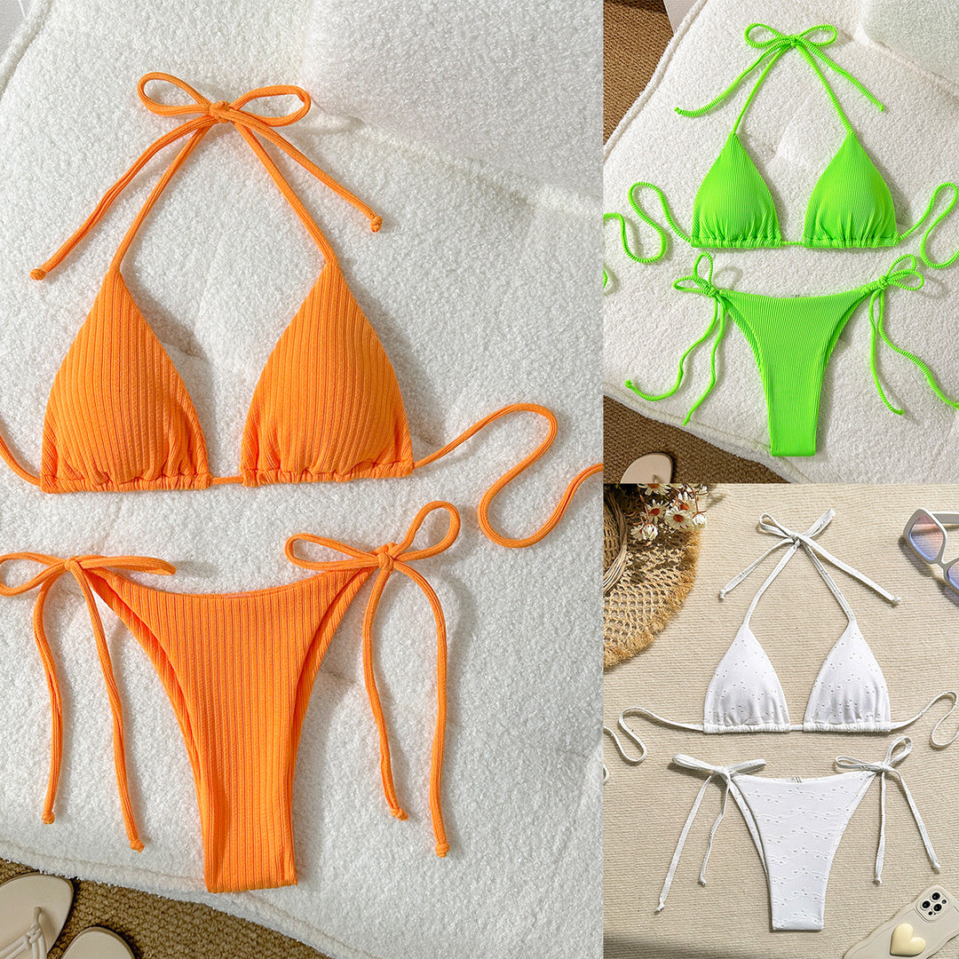 Damen Triangel-Bikini mit elastischen Bindebändern und Ripp-Optik EB