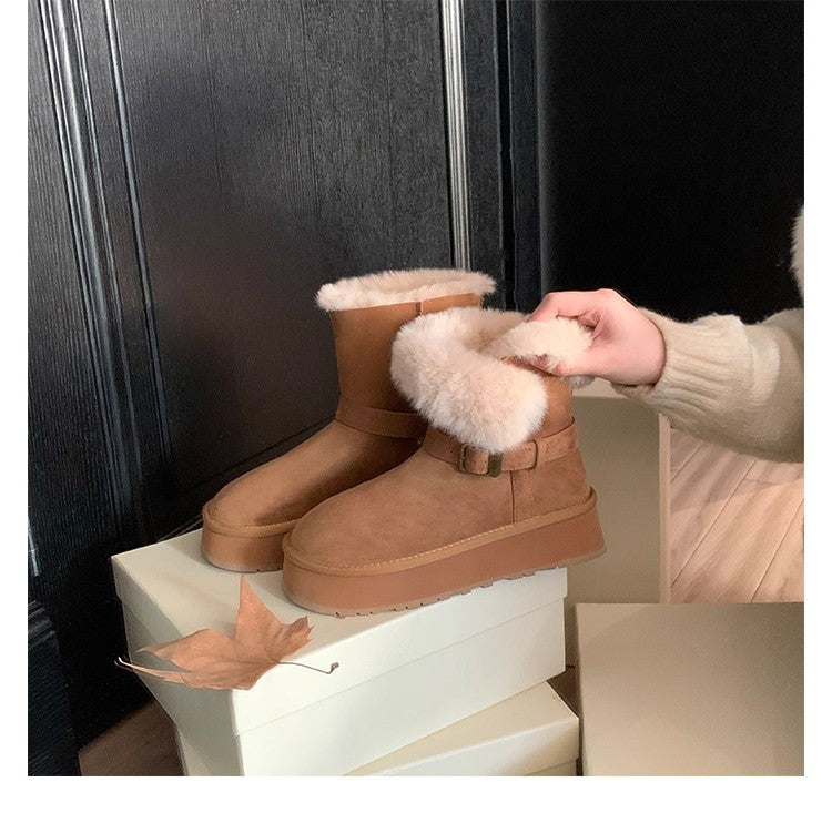 Damen modische Booties mit weichem Kunstfellkragen und praktischem Schnallenverschluss EB
