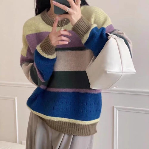 Damen Grob gestrickter Pullover mit lässigen Streifen EB
