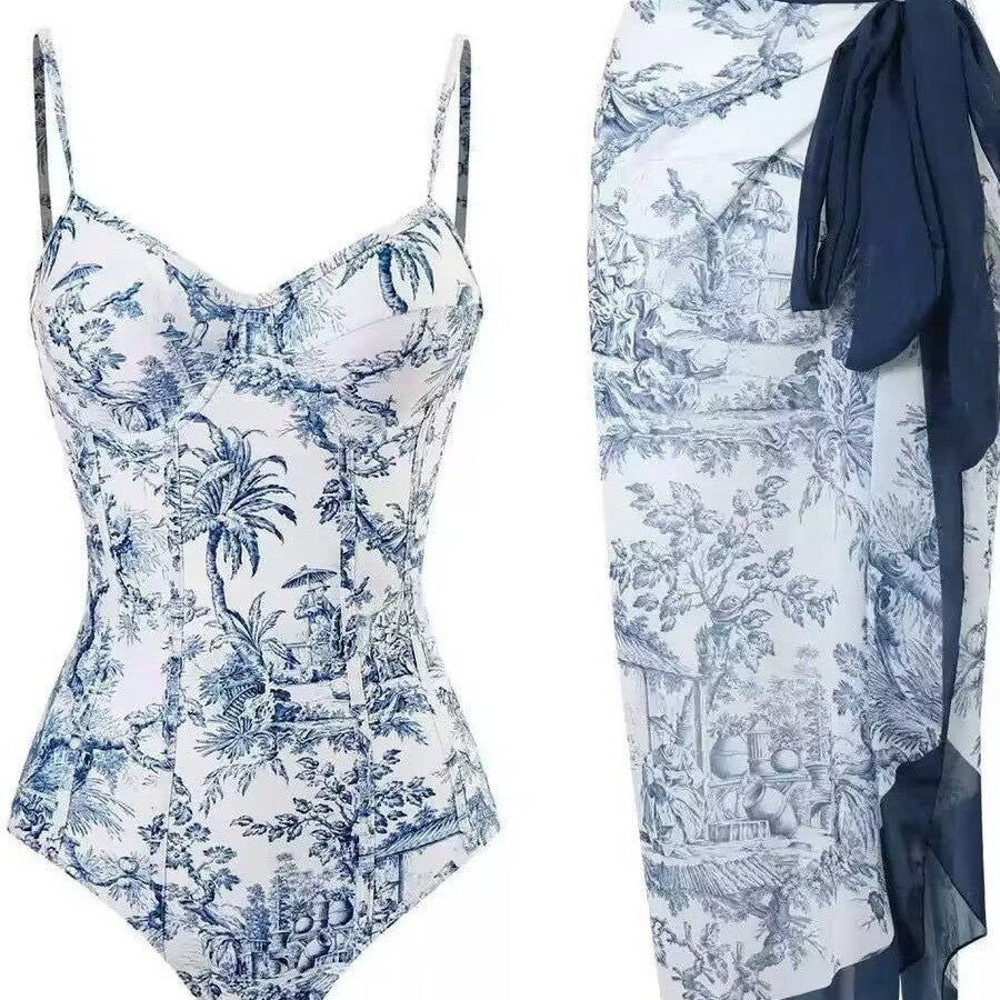 Damen Zweiteiliges Badeanzug-Set mit elegantem Wickelrock und floralem Druck EB