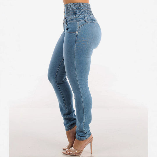 Damen Hochtaillierte Slim Fit Jeans mit dekorativen Knopfdetails EB