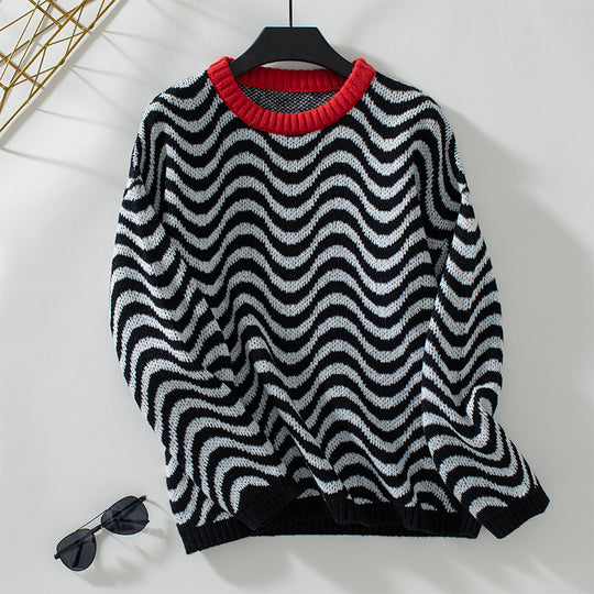 Damen gemütlicher Pullover mit modernen Wellenmustern und minimalistischer Passform EB