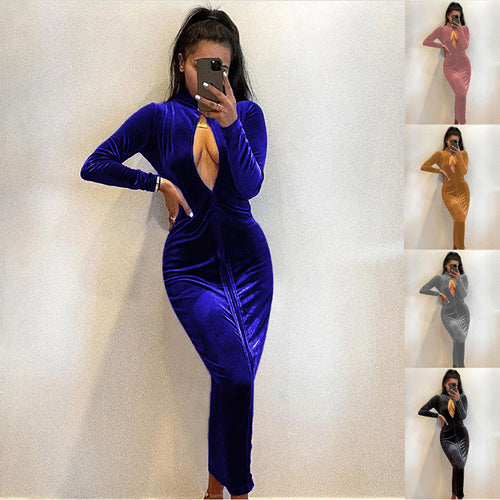 Damen Elegantes Velours-Maxi-Kleid mit tiefem V-Ausschnitt und langen Ärmeln EB