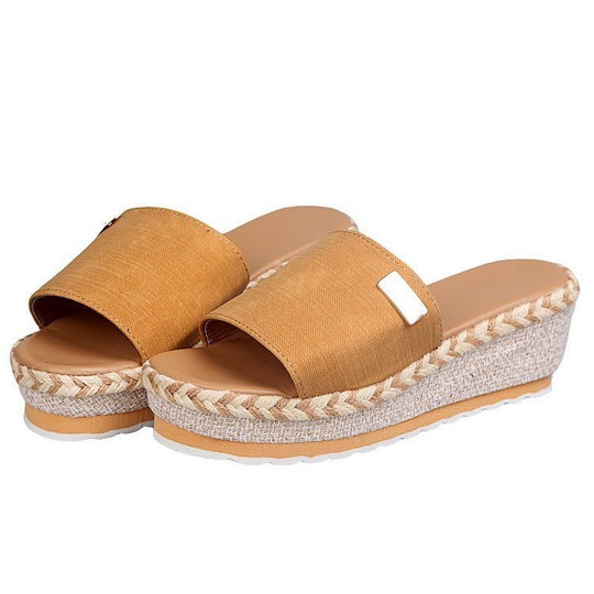 Damen  Espadrille-Keilpantoletten mit geflochtenem Bast-Plateau, breitem gewebtem Riemen und weicher Komfortsohle EB