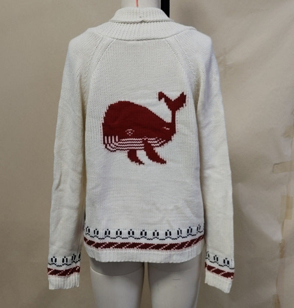 Damen Oversize Strickcardigan mit Walmotiv und nautischer Kontrastbordüre EB