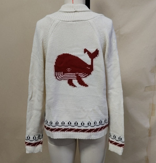 Damen Oversize Strickcardigan mit Walmotiv und nautischer Kontrastbordüre EB