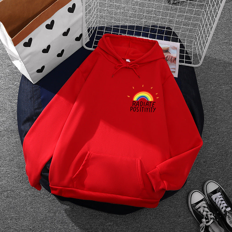Damen nan lockerer Kapuzenpullover mit Regenbogen-Motiv, weichem Fleecefutter und Kängurutasche EB