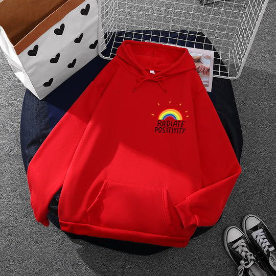 Damen nan lockerer Kapuzenpullover mit Regenbogen-Motiv, weichem Fleecefutter und Kängurutasche EB