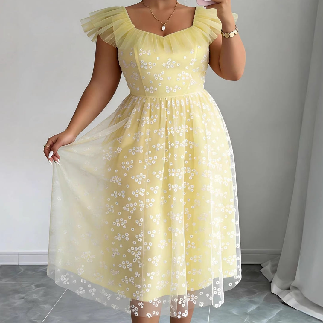 Damen festliches Blütenkleid mit voluminösen Tüllärmeln EB