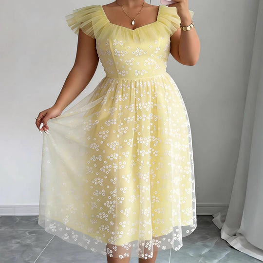 Damen festliches Blütenkleid mit voluminösen Tüllärmeln EB