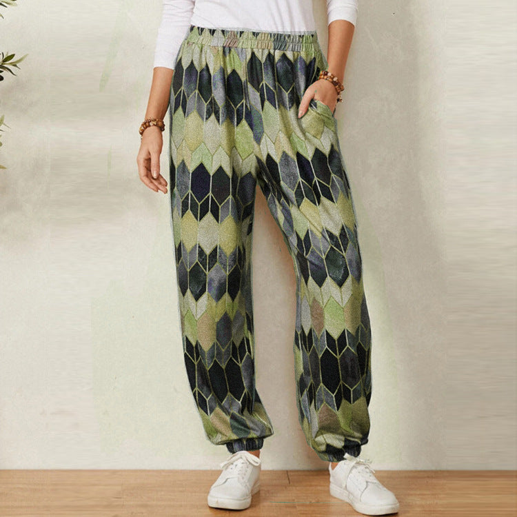 Damen Freizeithose mit modernem geometrischen Muster und elastischem Bund EB
