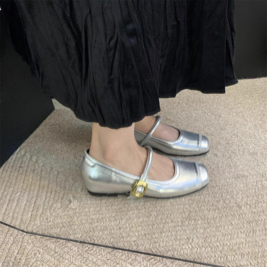 Damen Ballerinas mit eleganter Schnalle und metallischer Oberfläche EB