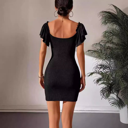 Damen figurbetontes Minikleid mit schmeichelndem V-Ausschnitt und Rüschendetails EB