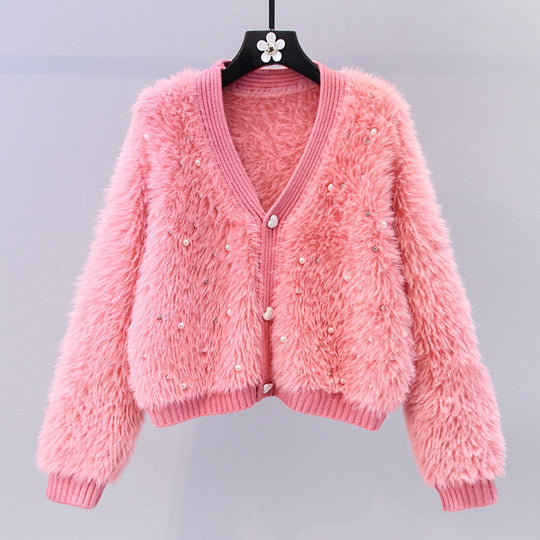 Damen Flauschiger Kurz-Cardigan mit dezenten Knopfdetails EB