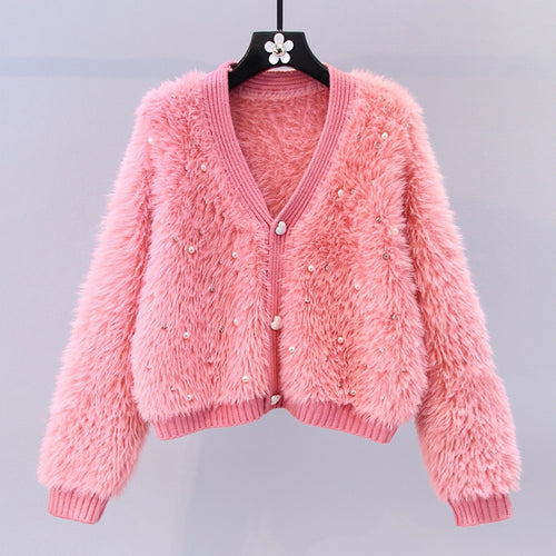 Damen Flauschiger Kurz-Cardigan mit dezenten Knopfdetails EB