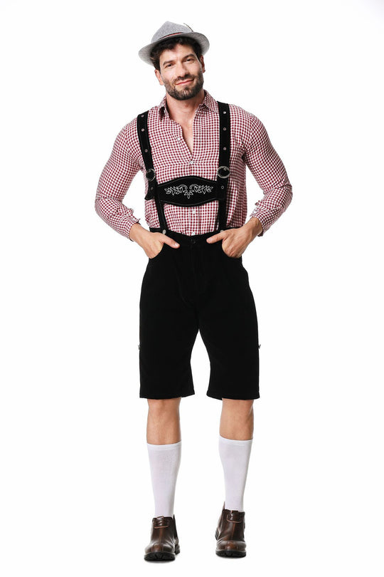 Herren nan authentische Trachten-Kniebundhose aus wildlederähnlichem Material mit verstellbaren Trägern und besticktem Brustlatz EB