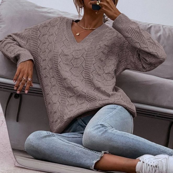 Damen Strickpullover mit V-Ausschnitt und lockerer Passform EB