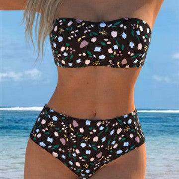 Damen Bandeau-Bikini mit floralem Muster und hohem Taillenschnitt EB