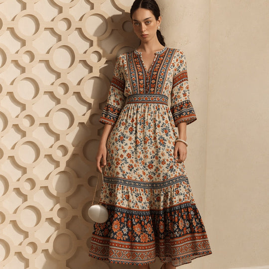 Damen langes Boho-Maxi-Kleid mit V-Ausschnitt geraffter Taille und mehrlagigem Stufenrock Eichborn Berlin