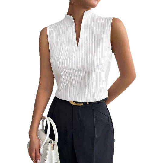 Damen Elegantes Top mit Stehkragen und feinen Plisseefalten EB