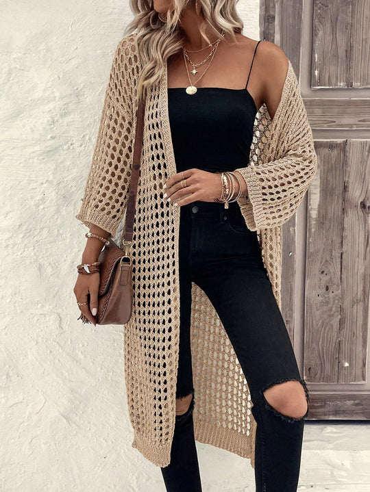 Damen Luftige Häkeljacke mit offenem Design und weiten Ärmeln EB