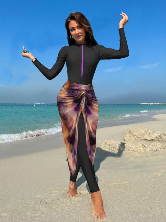 Damen Modischer UV-Schutz-Schwimmanzug mit langem Arm und asymmetrischem Rock EB