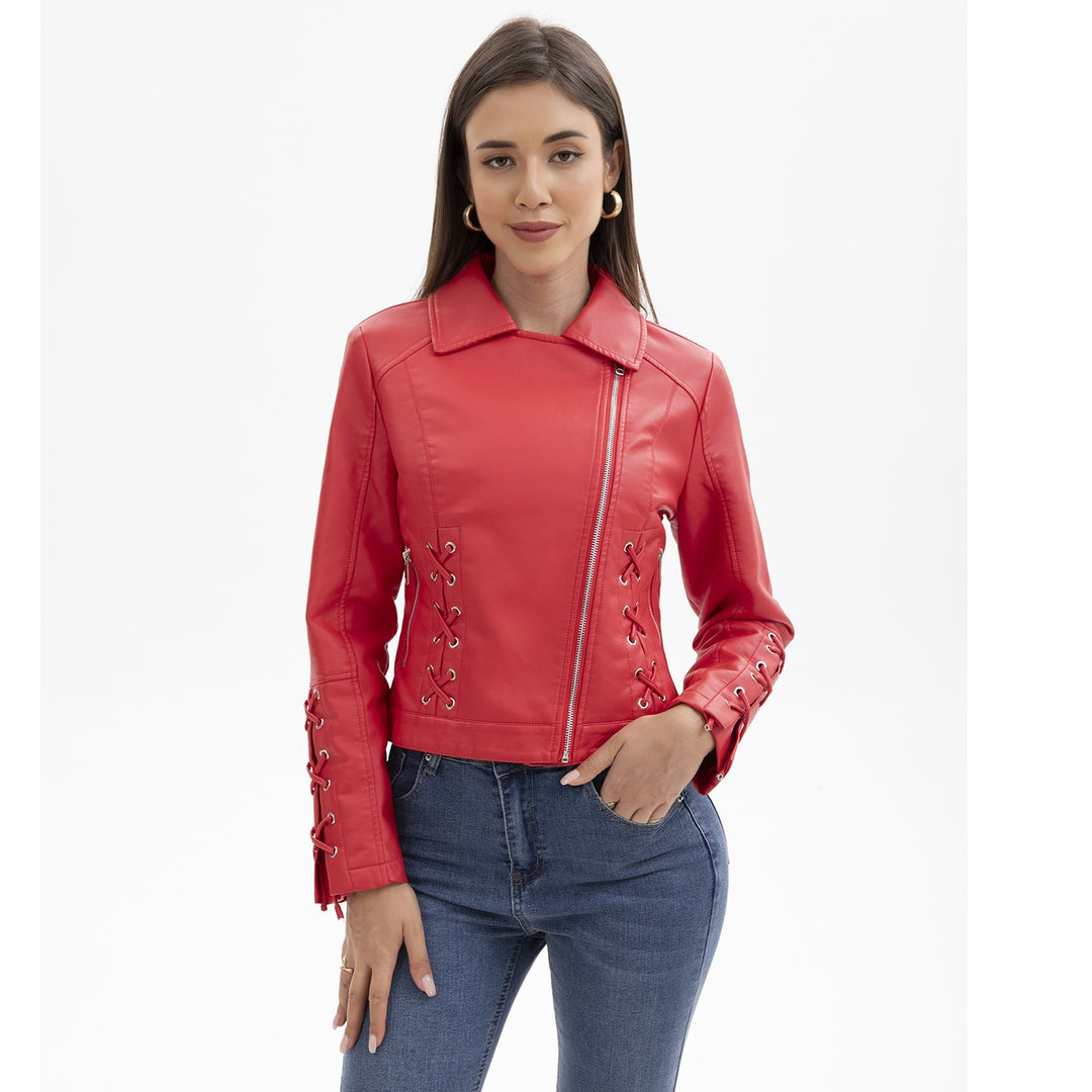 Damen modische Kunstlederjacke mit raffinierten Schnürdetails EB
