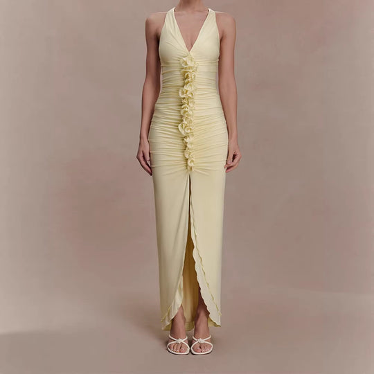 Damen Hochwertiges Abendkleid mit tiefem V-Ausschnitt und Raffungen EB
