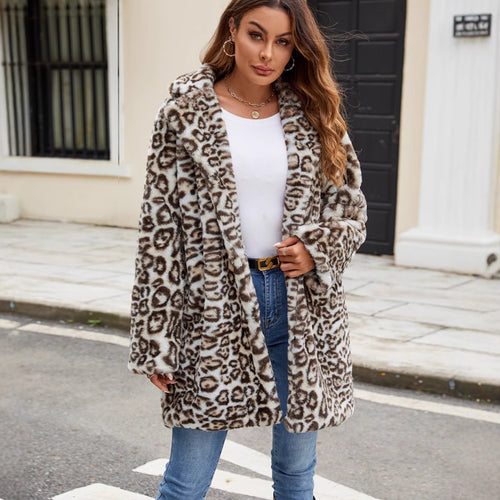 Damen Eleganter Kunstpelzmantel im Leopardenmuster EB