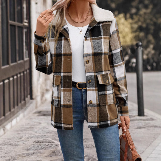 Damen lässige Karojacke mit weichem Innenfutter und praktischen Taschen EB