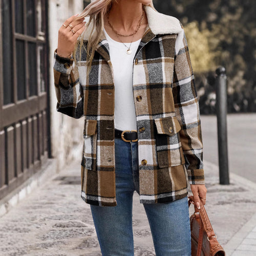 Damen lässige Karojacke mit weichem Innenfutter und praktischen Taschen EB