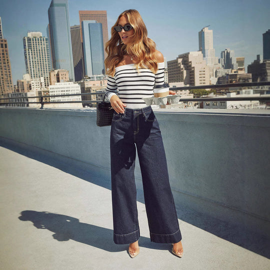 Damen Weit geschnittene Jeanshose mit hohem Bund und eleganter Naht EB