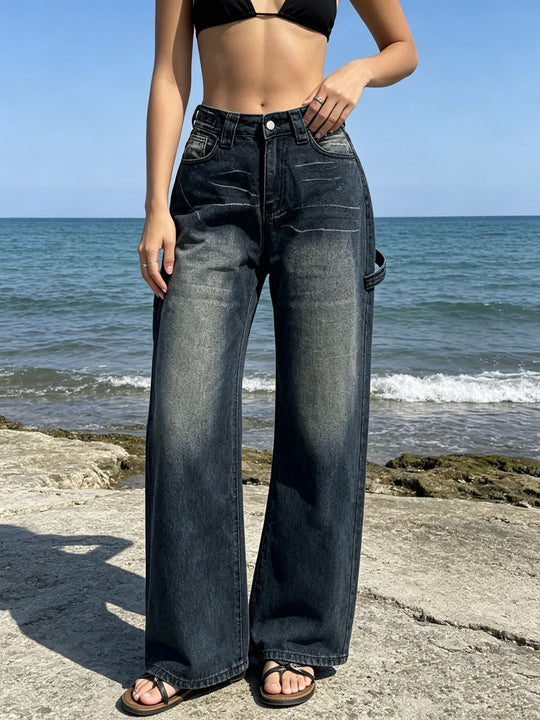 Damen nan weite High‑Waist Carpenter-Denimhose mit Utility-Seitentasche und ausgestelltem Bein EB