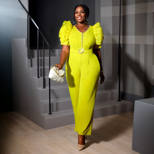 Damen eleganter Jumpsuit mit voluminösen Puffärmeln und Perlenakzent EB