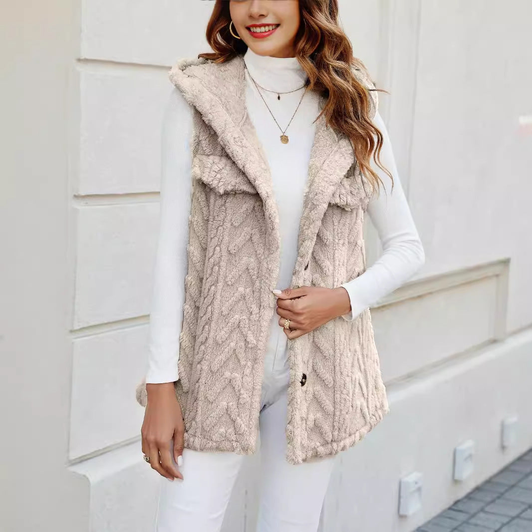 Damen lange Strickweste mit kapuze und aufgesetzten Taschen EB