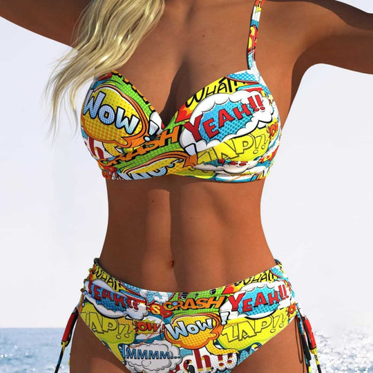 Damen Bikini-Set mit verspieltem Comic-Print und verstellbaren Seitenschnüren EB