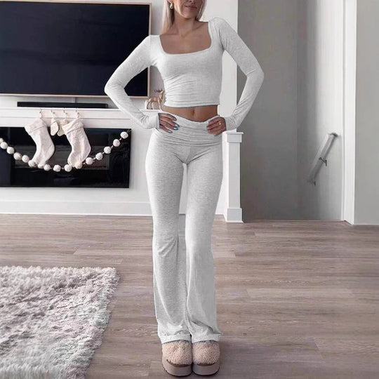 Damen Legeres Lounge-Set mit langärmligem Oberteil und flared Hose EB