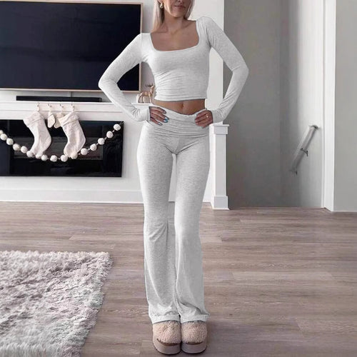Damen Legeres Lounge-Set mit langärmligem Oberteil und flared Hose EB