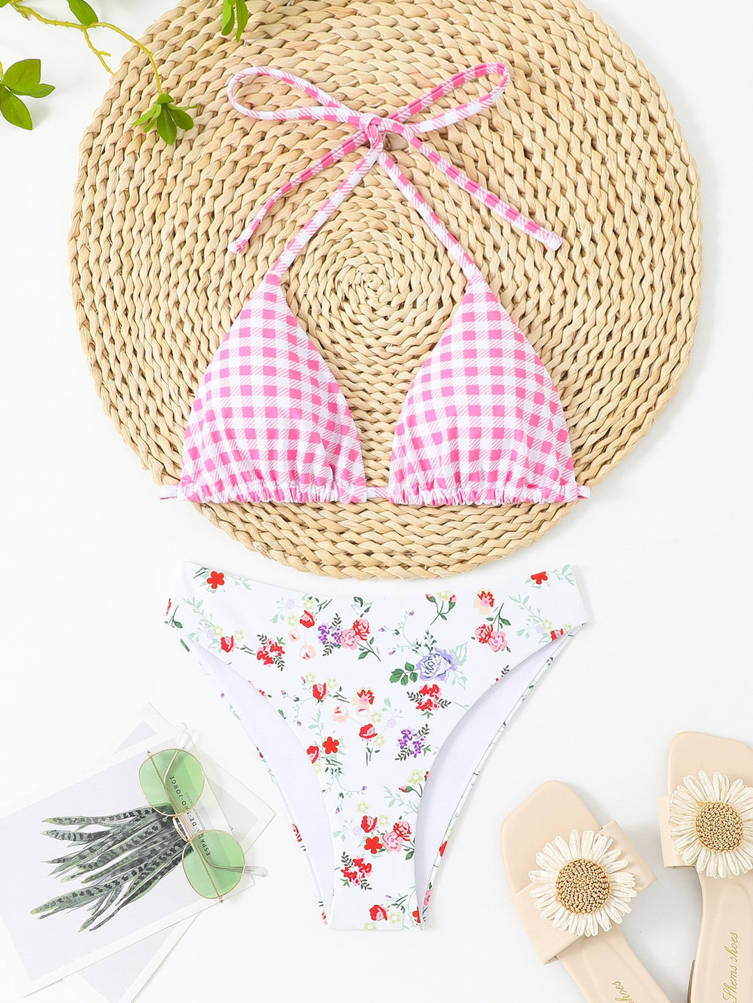 Damen Bikiniset mit floralem Muster und Gingham-Design EB