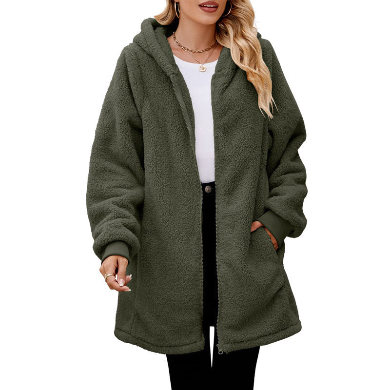 Damen kuschelige Fleecejacke mit Kapuze und Reißverschluss EB