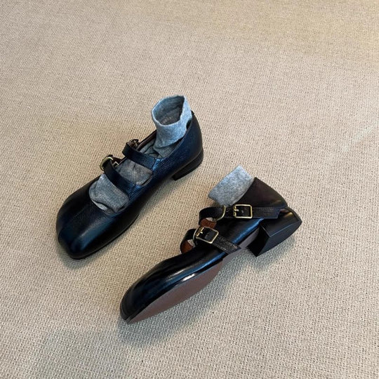 Damen elegante Ballerinas mit doppeltem Schnallenverschluss und veganer Lederoberfläche EB