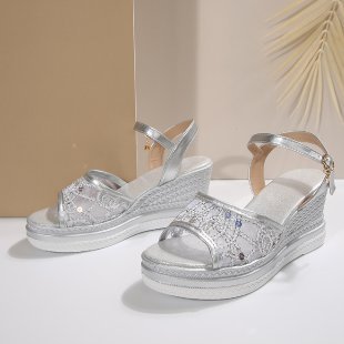 Damen bequeme Wedge-Sandalen mit buntem Muster und verstellbaren Riemen EB