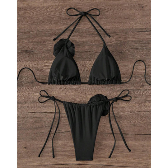 Damen Triangel-Bikini mit geflochtenem Rüschendesign und Blütendetail EB