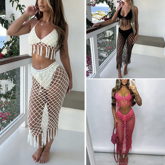 Damen Häkel-Bikini-Set mit raffinierter Netzstruktur und verführerischen Fransen EB