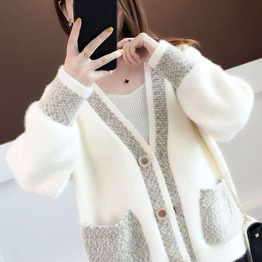 Damen Strickjacke mit modischen Kontrastdetails und tiefen Taschen EB