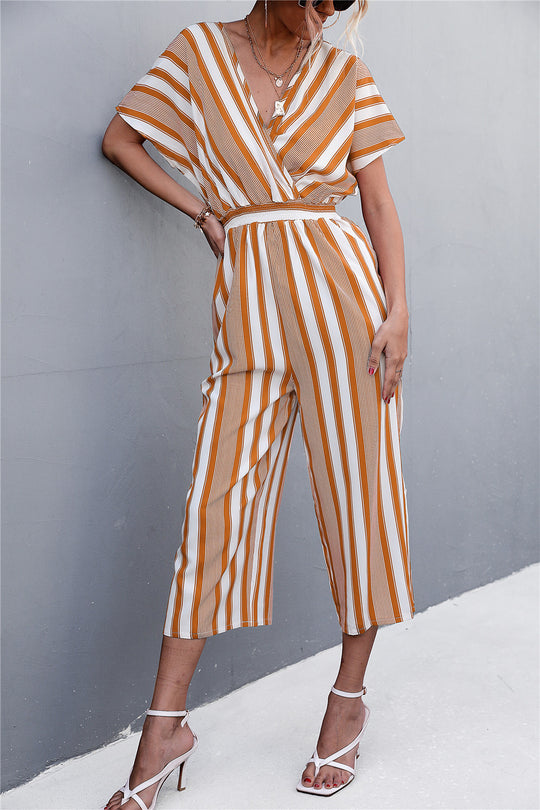 Damen eleganter Jumpsuit mit V-Ausschnitt, breiten Ärmeln und anisstreifendem Design EB