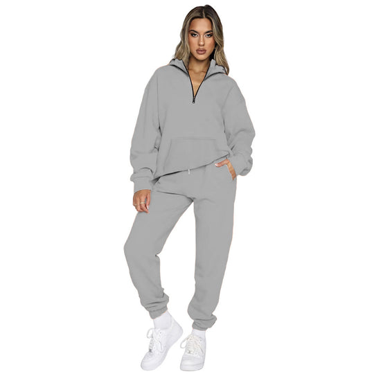 Damen gemütlicher Two-Piece Sweatsuit mit halbem Reißverschluss und praktischen Taschen EB